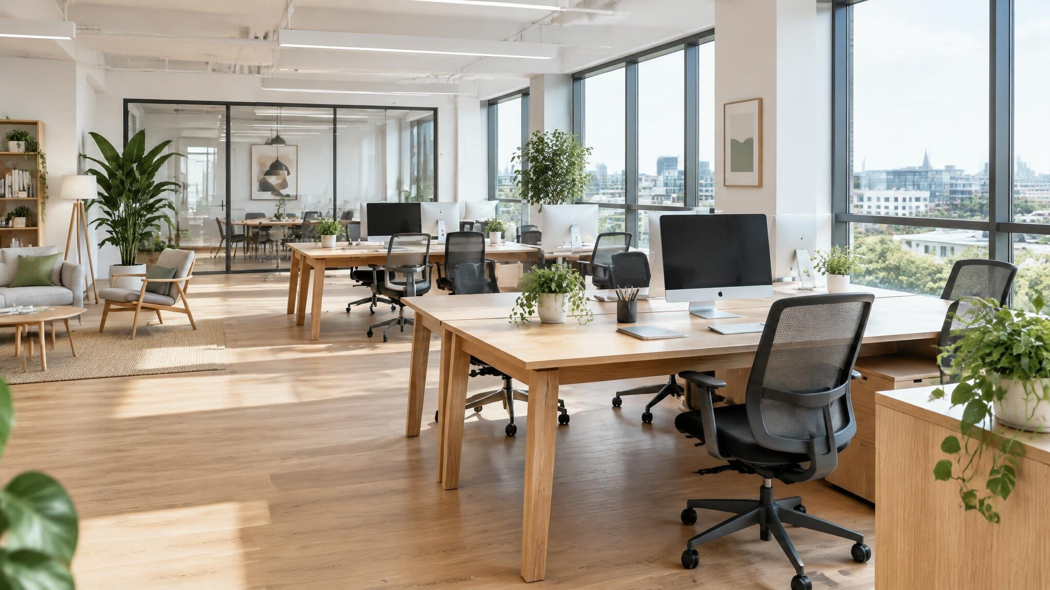 Bright modern open-plan office interior with desks and large windows