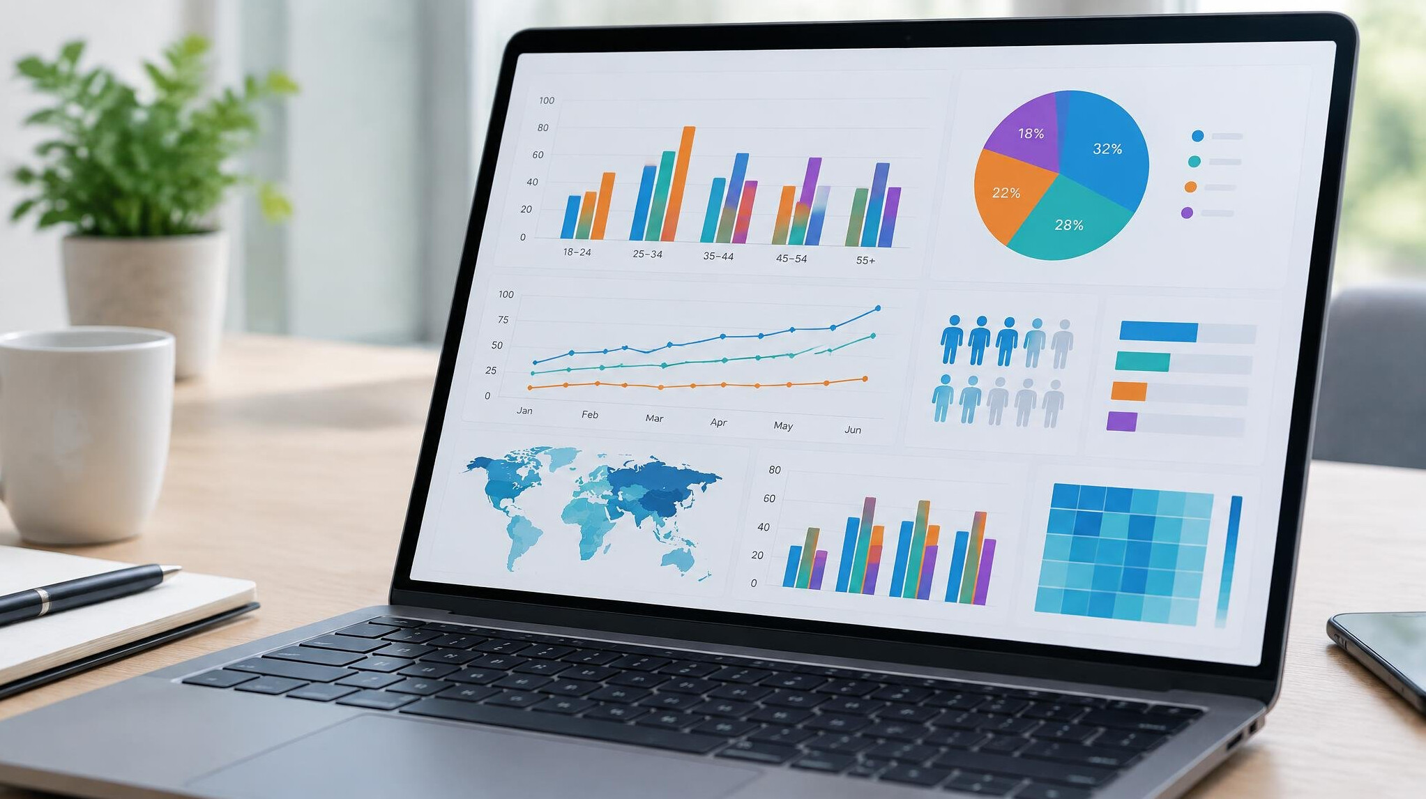 Close-up of a data dashboard with charts and statistics on a laptop screen